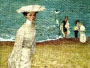 unknow artist woman in white on a beach painting